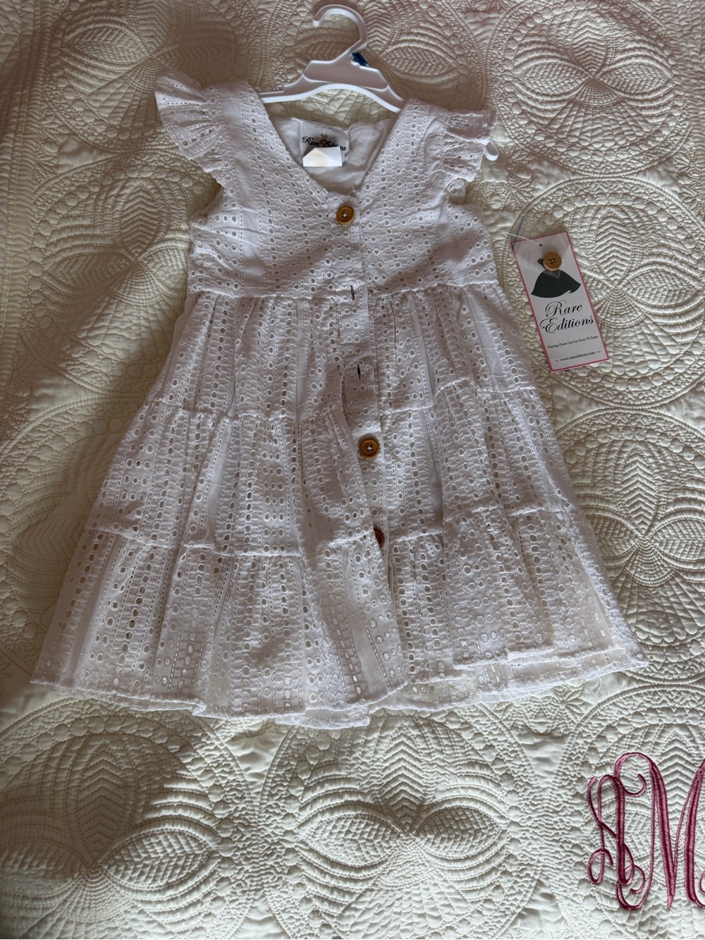 Rare Editions White Eyelet Tiered Dress with Wooden Buttons